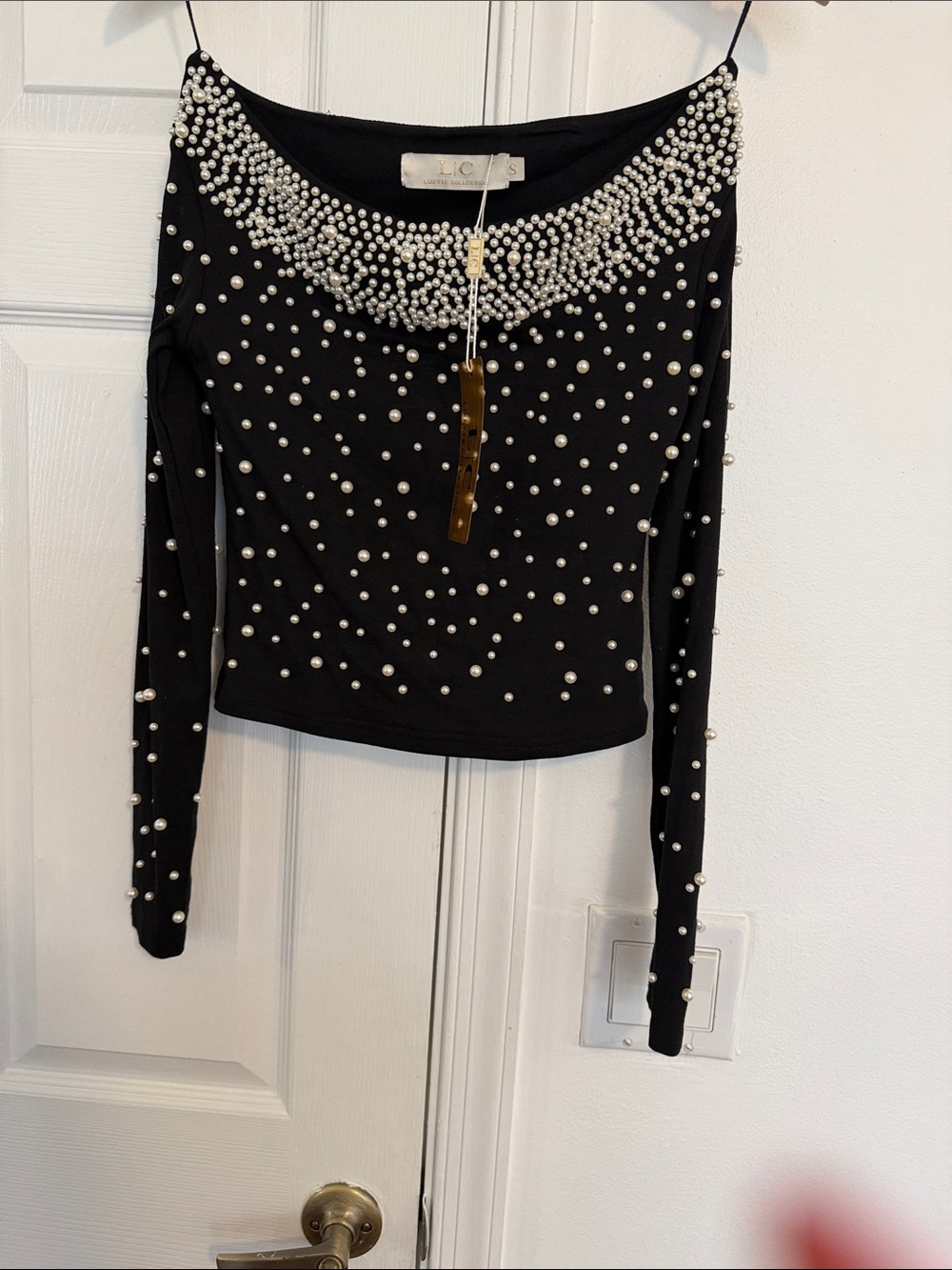 Lizette Collection Black Pearl-Embellished Long-Sleeve Top